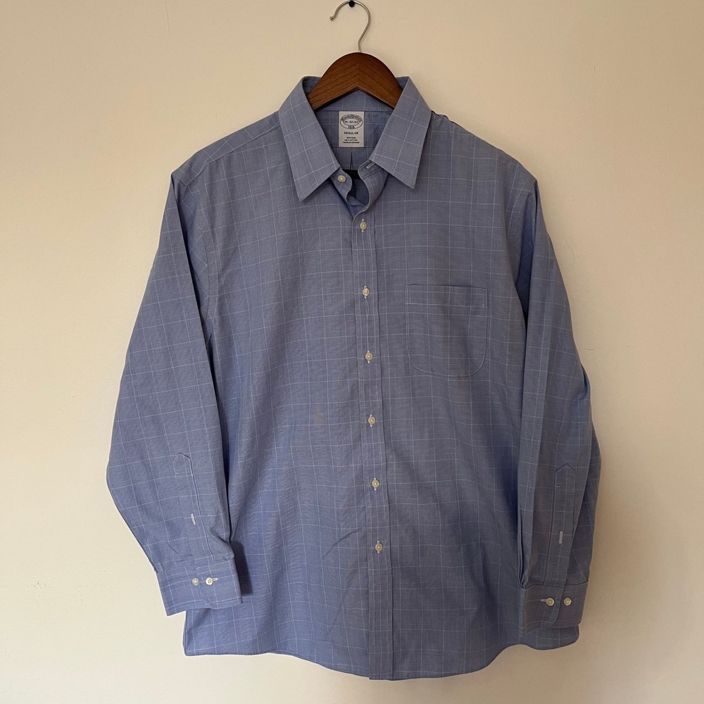 Brooks Brothers 1818 Mens Blue Grid Non-Iron Cotton Dress Shirt 16-32/33 Regular